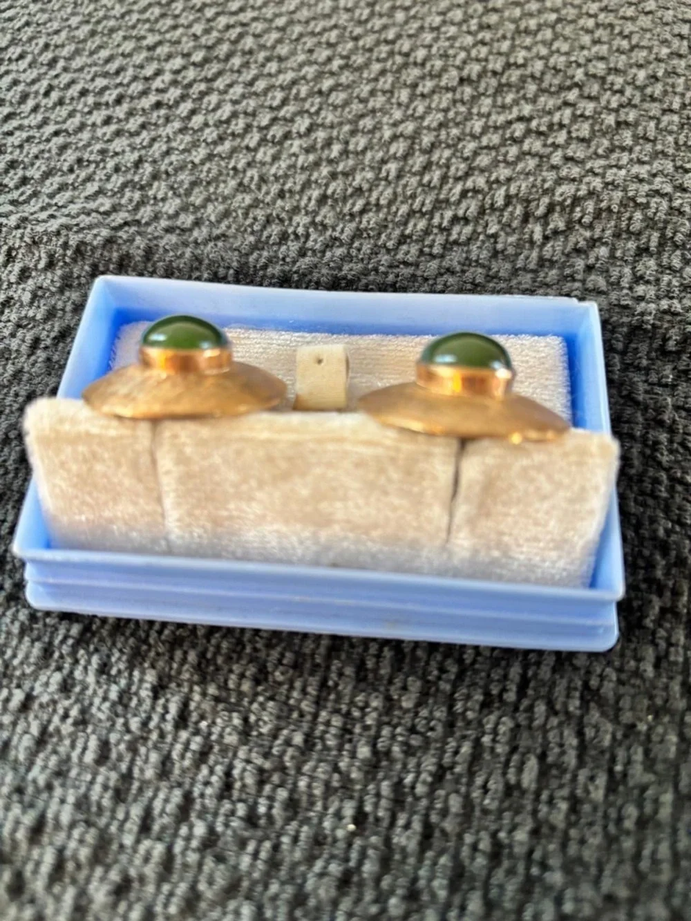 Vintage Mid-Century Brushed Gold Tone Oval Cufflinks Green Cabochon Stone
